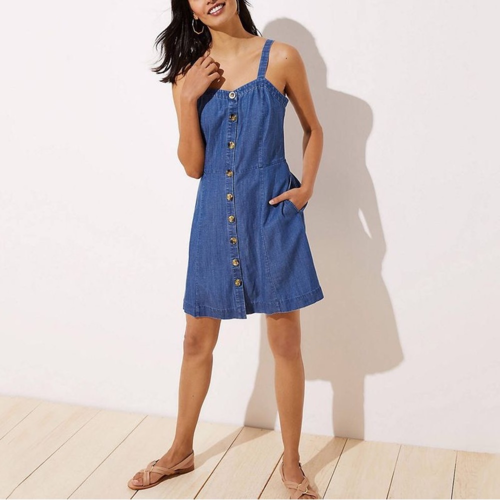 Loft Button Down Pocket Flare Dress in Chambray. New w Tag. Sz 14 Linen/Lyocell